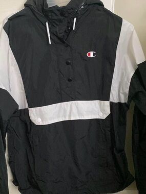 Champion Black Jacket with White Lining and Blue Logo Tag